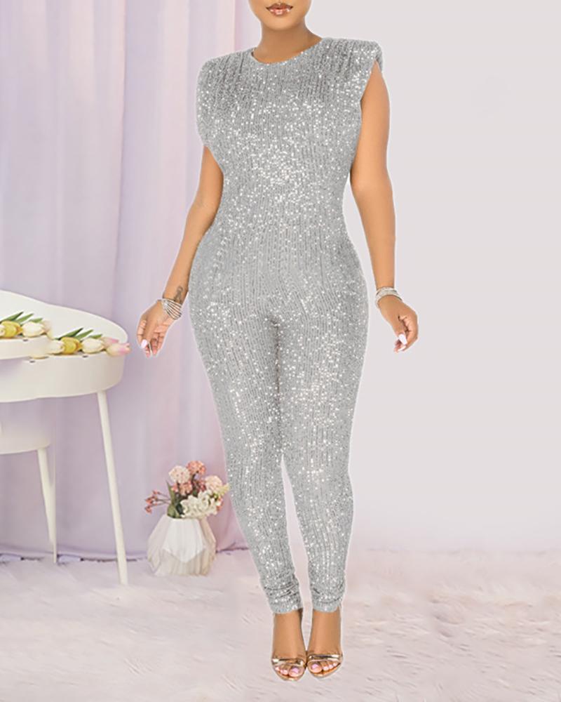 

O-Neck Sleeveless Sequins Skinny Jumpsuit Without Belt, White