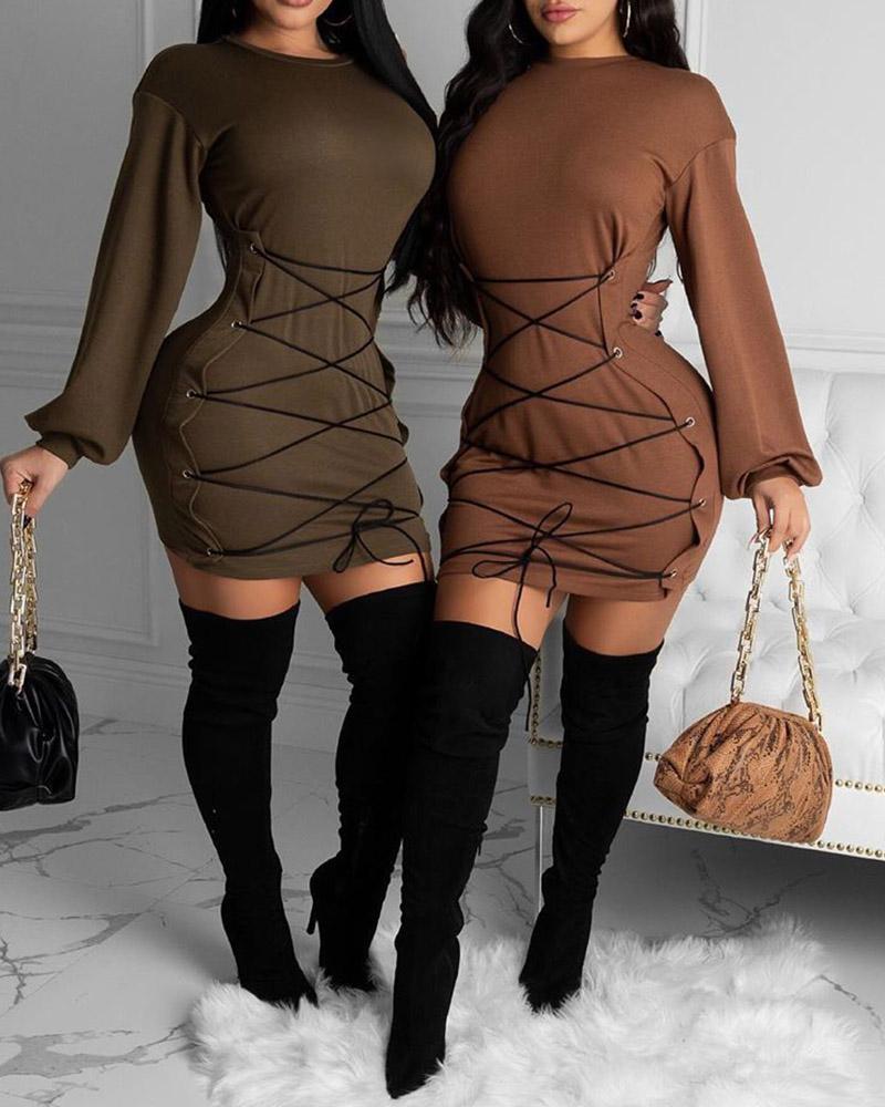 

Eyelet Lace-up Long Sleeve Bodycon Dress, Brown