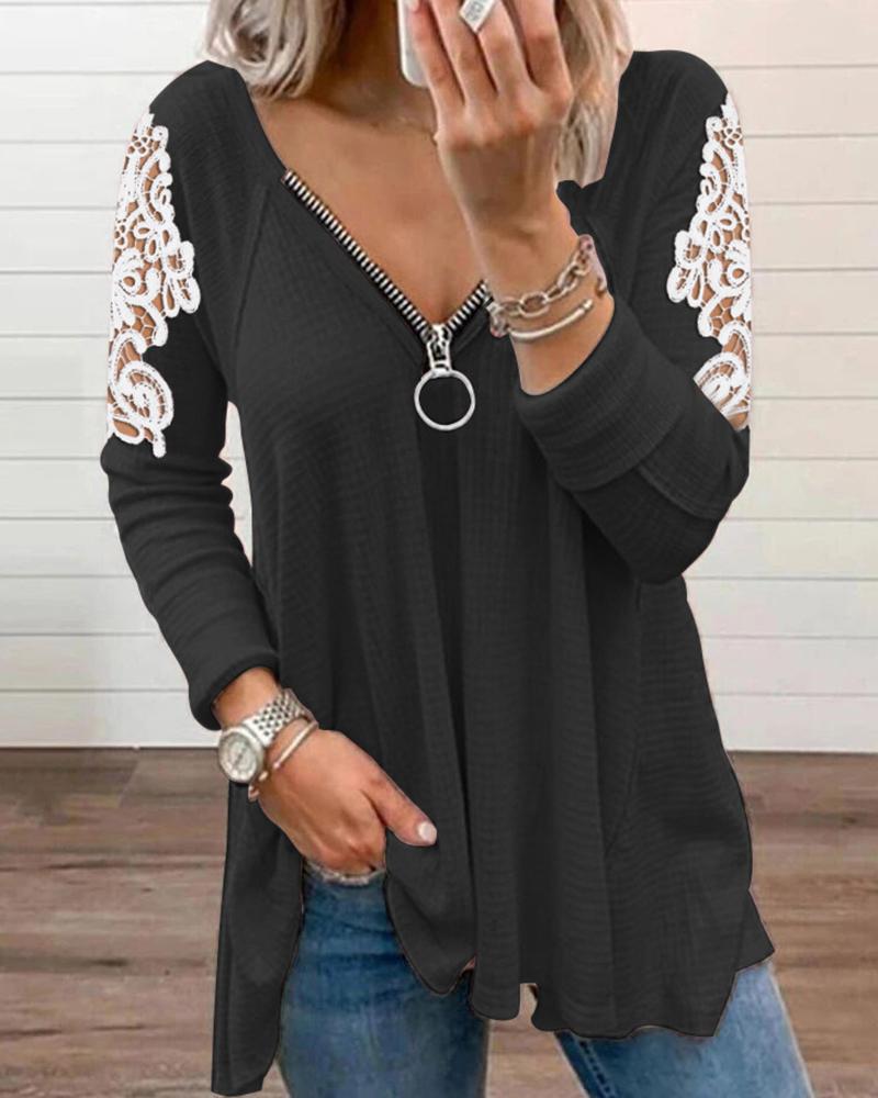 

Solid Contrast Lace Zipper Detail Casual Blouse, Black