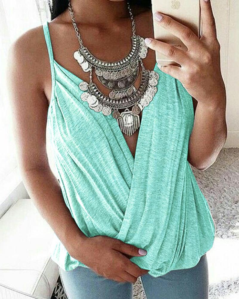 

Ruched Spaghetti Strap Wrap Tank Top, Light green