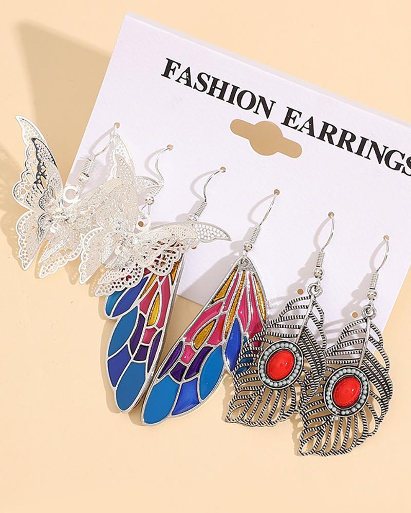 

3Pair Clan Butterfly Wings Pattern Hoop Earrings Set, Blue