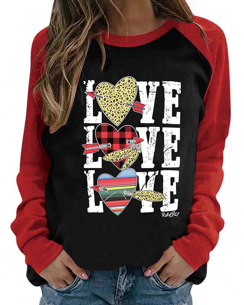 

Valentine' Day Plaid Cheetah Letter Heart Print Colorblock Top, Black