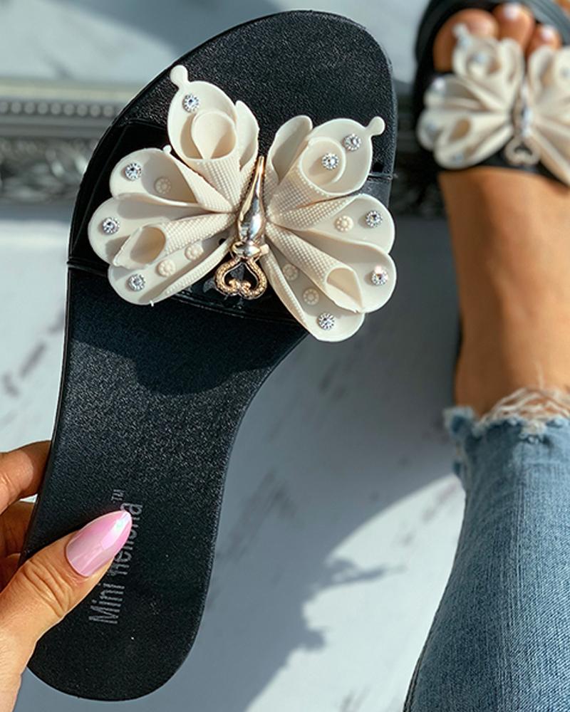 

Butterfly Heart Pattern Rhinestone Flat Slippers, Apricot