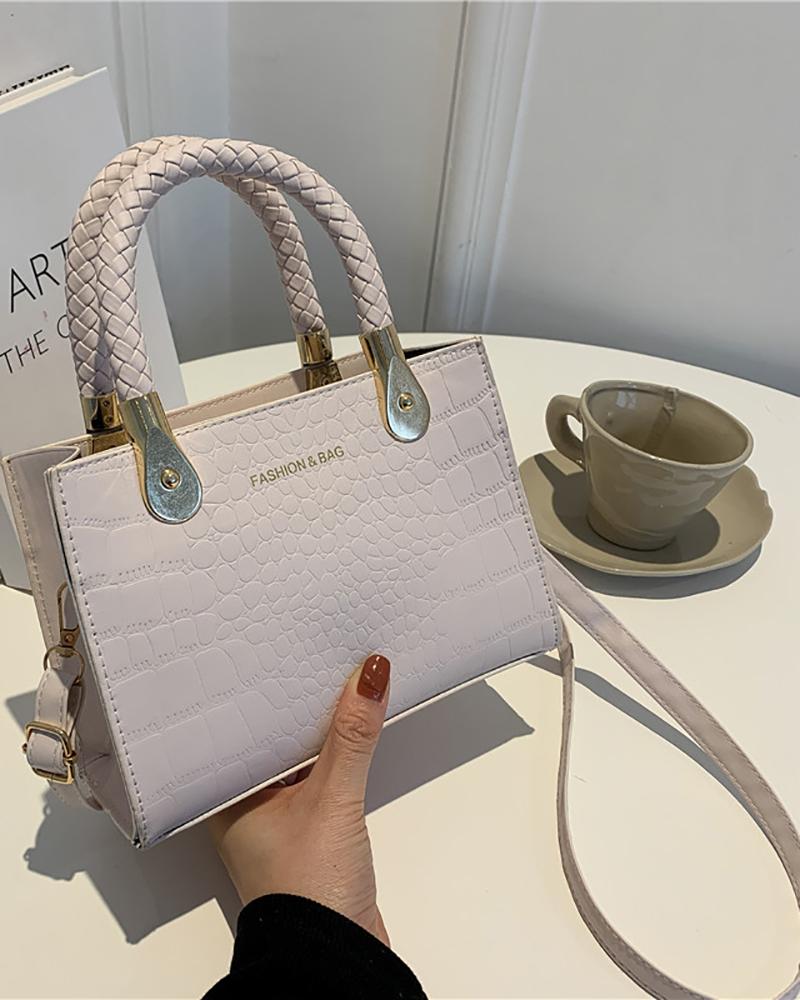 

Braided Strap Crocodile Square Crossbody Bag, White