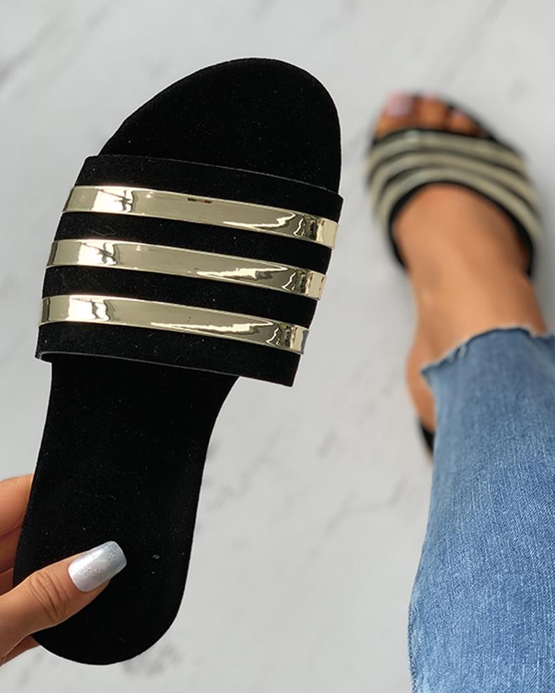 

Colorblock Open Toe Reflective Detail Flat Sandals, Black