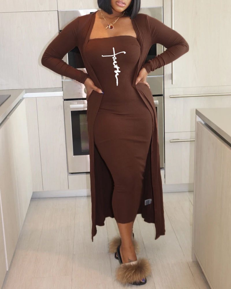 

Letter Print Bodycon Tube Dress With Cardigan, Coffee