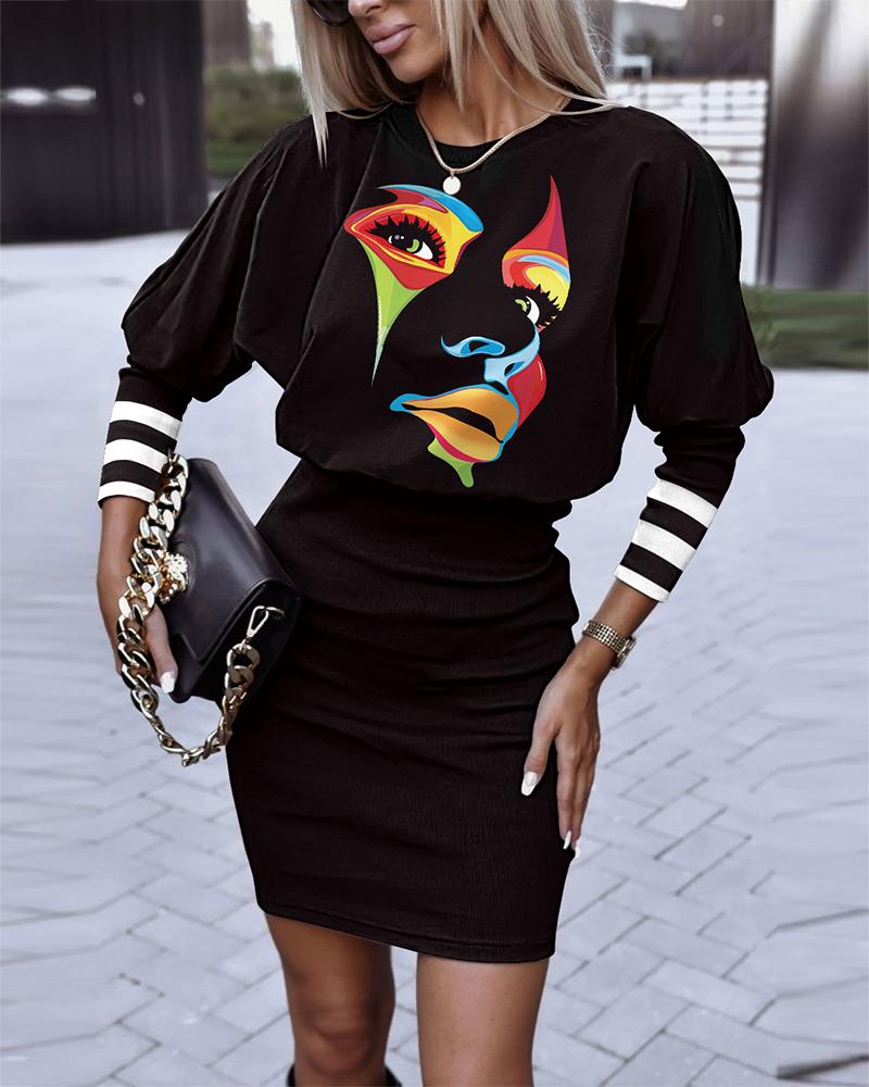 

Abstract Figure Print Long Sleeve Casual Dress, Black