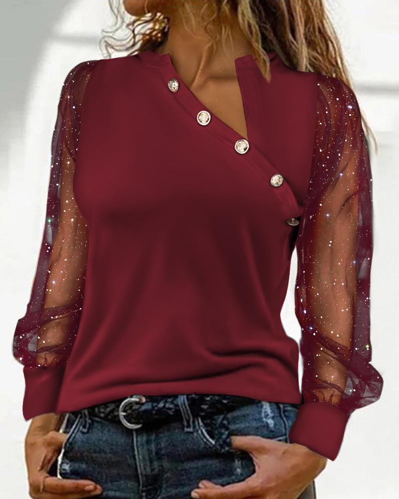 

Glitter Sheer Mesh Long Sleeve Top, Wine red