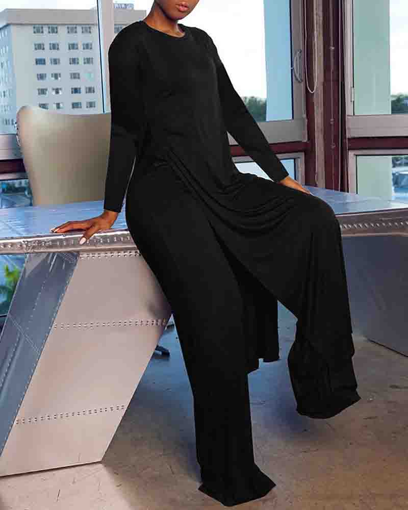 

High Slit Longline Top & Pocket Design Pants Set, Black