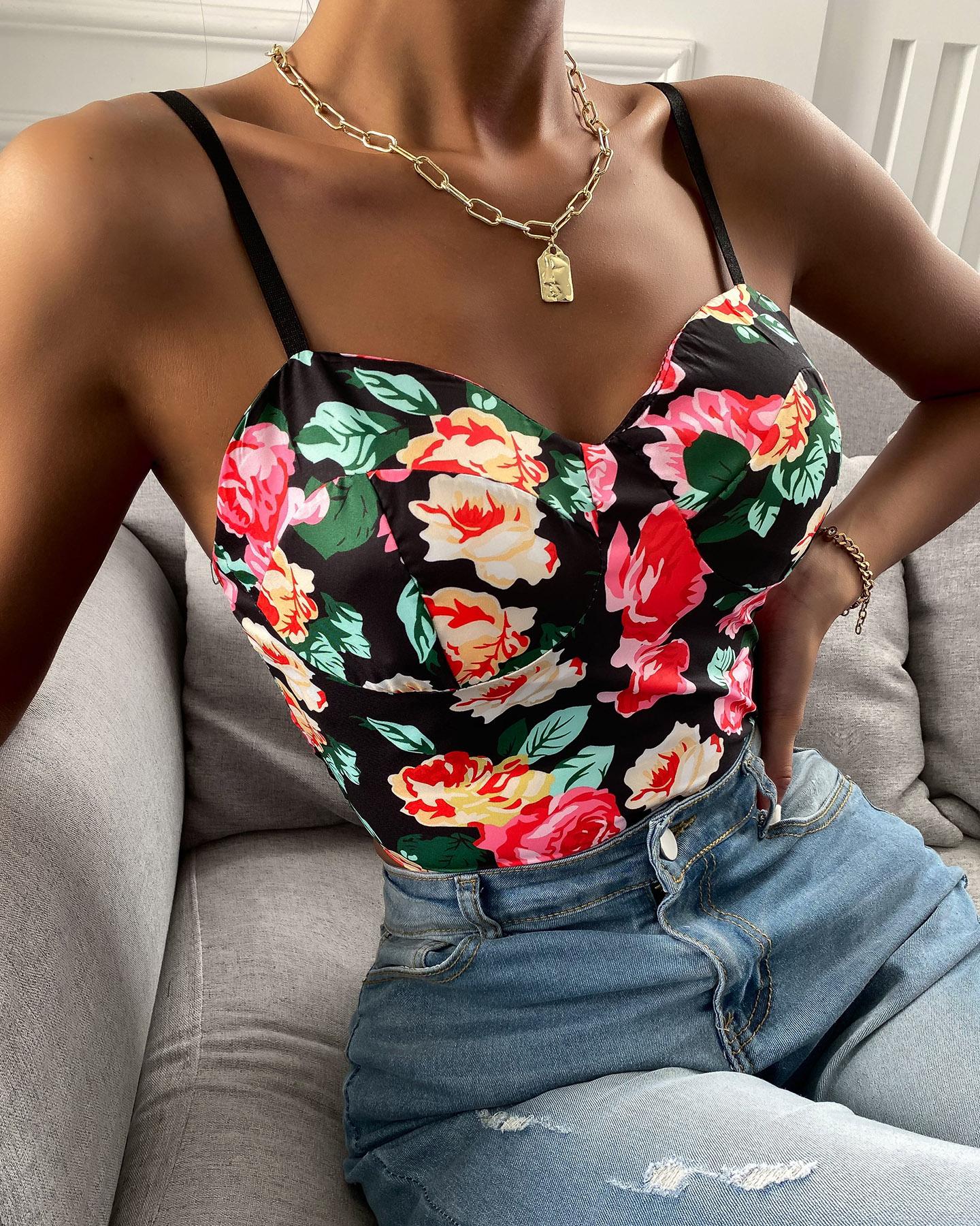 

V-Neck Floral Print Spaghetti Strap Top, Multicolor