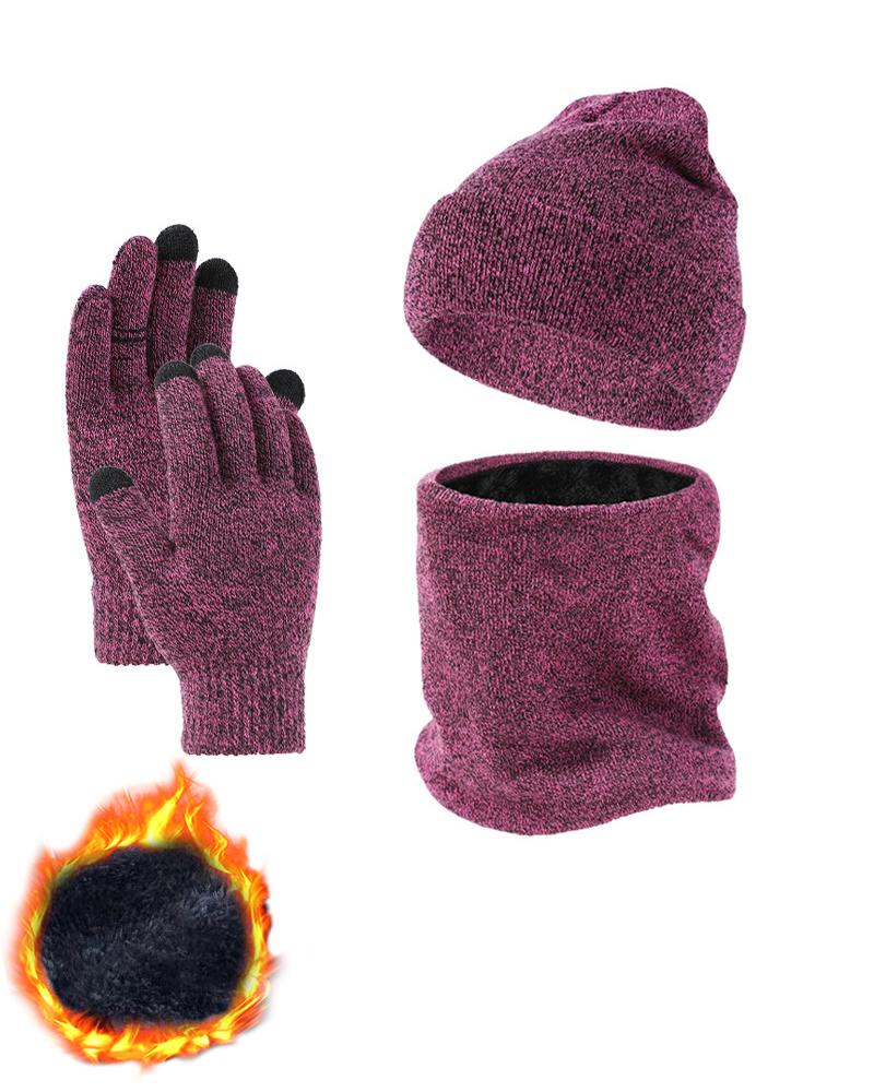 

3PCS Winter Knitted Warm Fleece Lined Beanie Scarf Gloves Set, Hot pink