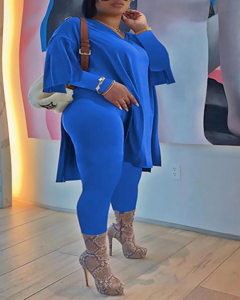 

Plus Size Side Slit Casual Top & Pants Set, Blue
