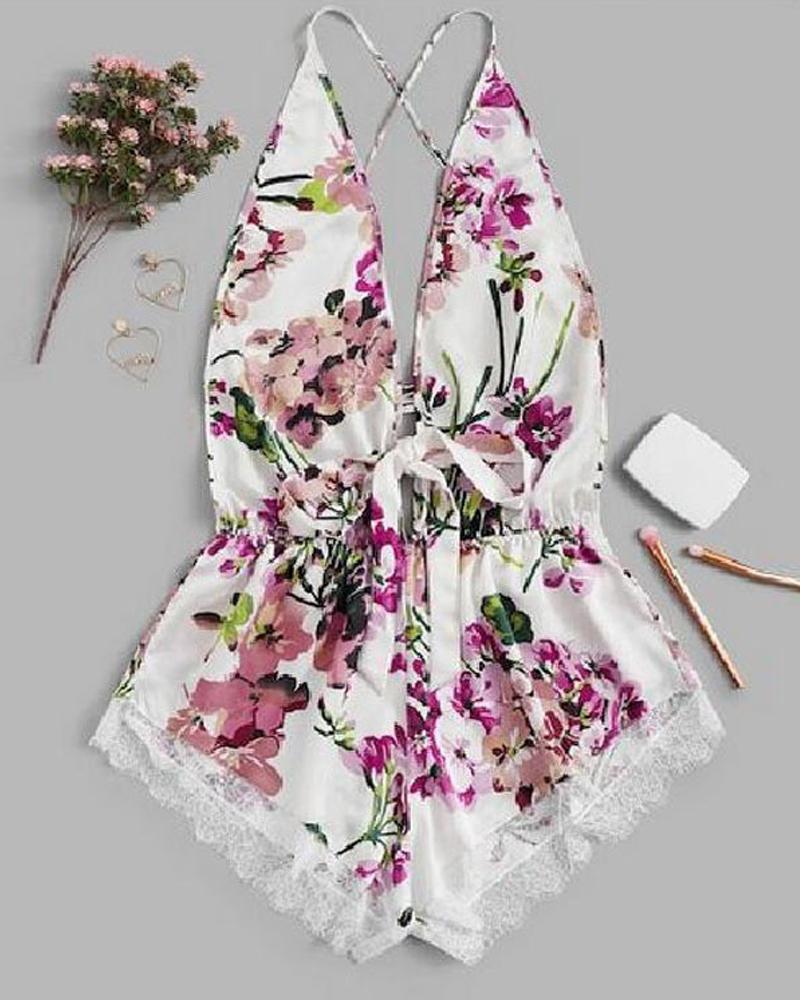 

Floral Print Eyelash Lace Romper, White