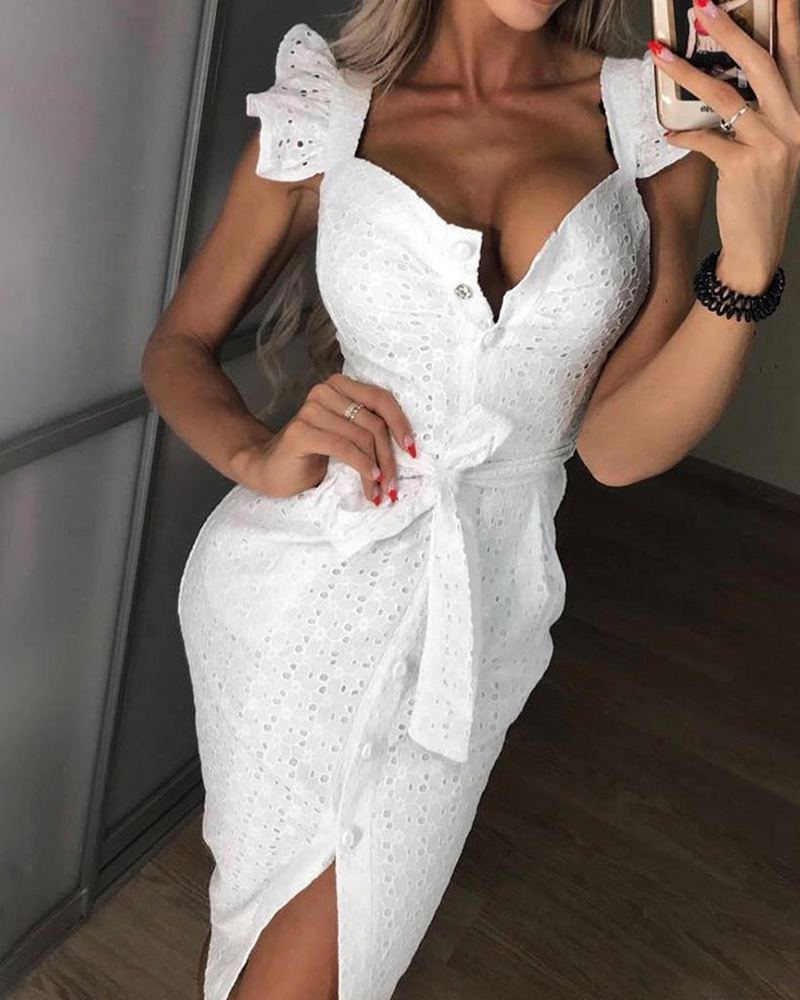 

Hollow Out Ruffles Buttoned Dress, White