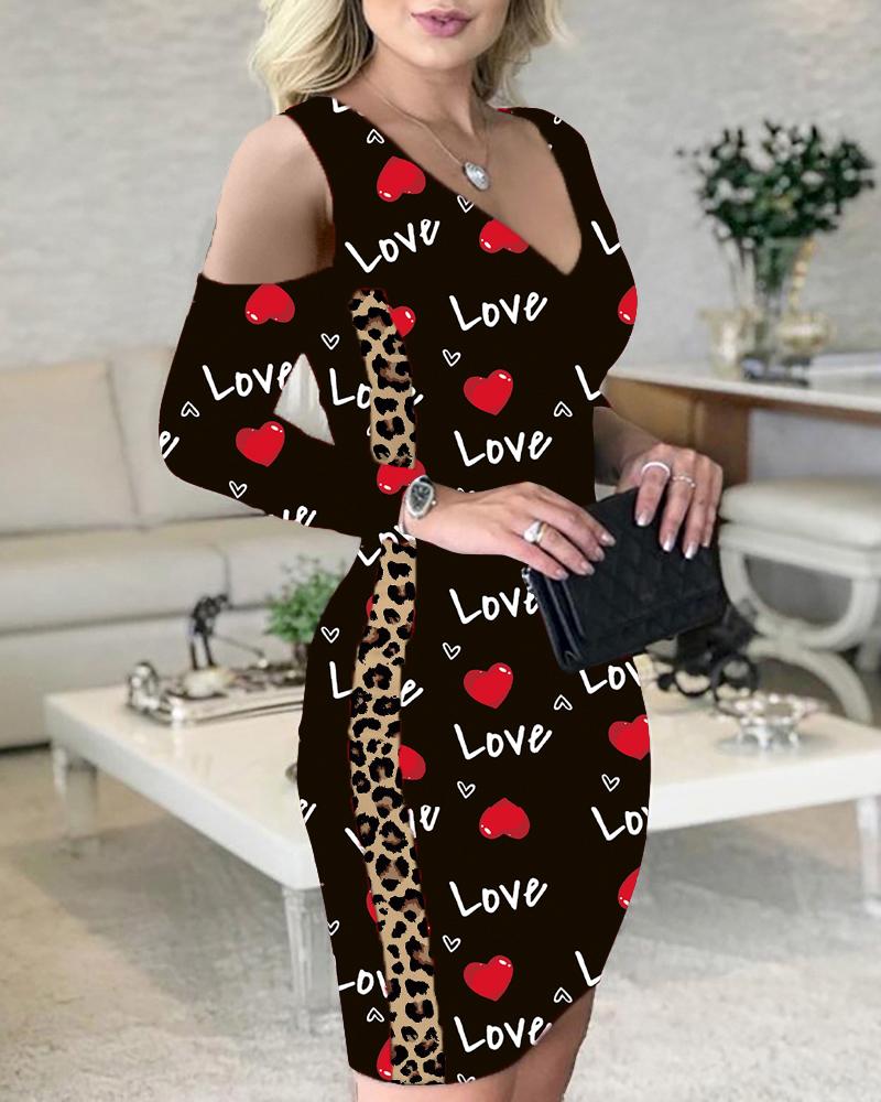 

Valentine' Day Love Heart Contrast Leopard Print Cold Shoulder Dress, Black