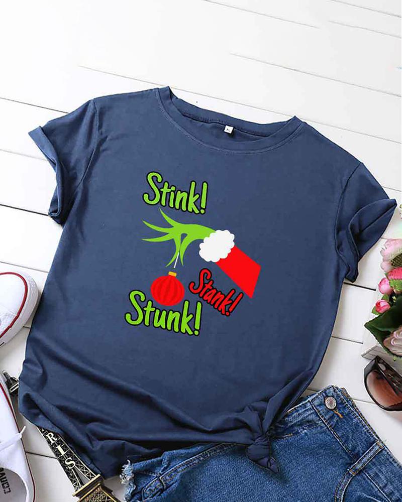 

Christmas Letter Grinch Hand Lantern Print Short Sleeve T-shirt, Blue