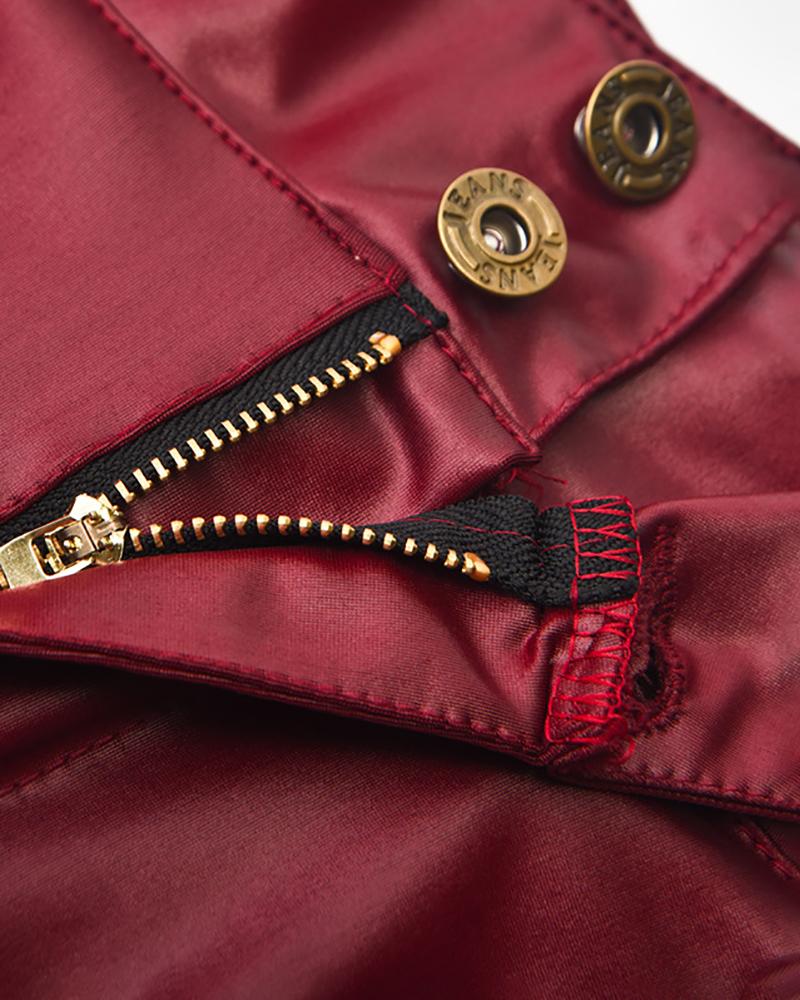 

High Waist Buttoned Skinny Pants, Wine red