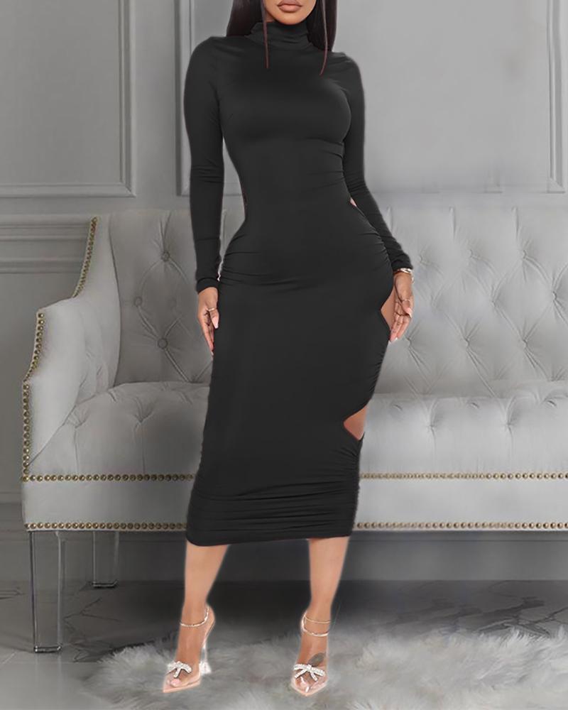 

Plain Ladder Cutout Ruched Backless Maxi Dress, Black