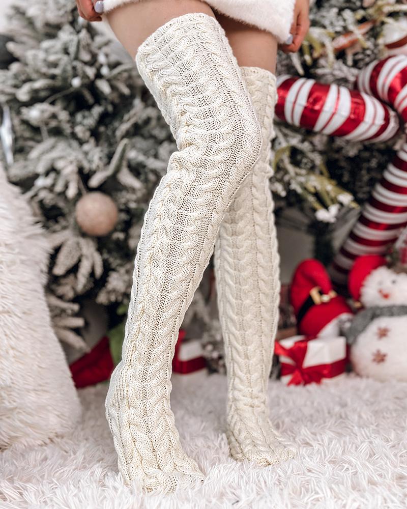 

1Pair Cable Knit Over The Calf Fluffy Tube Socks, White