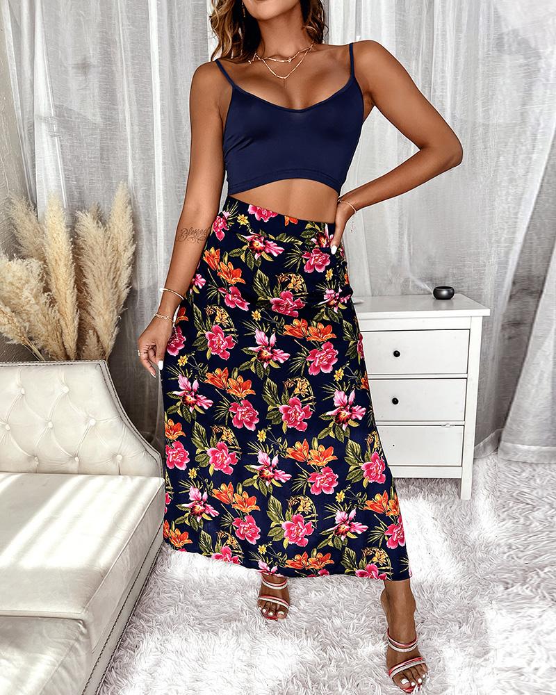 

Crop Cami Top & Tropical Print Skirt Set, Purplish blue