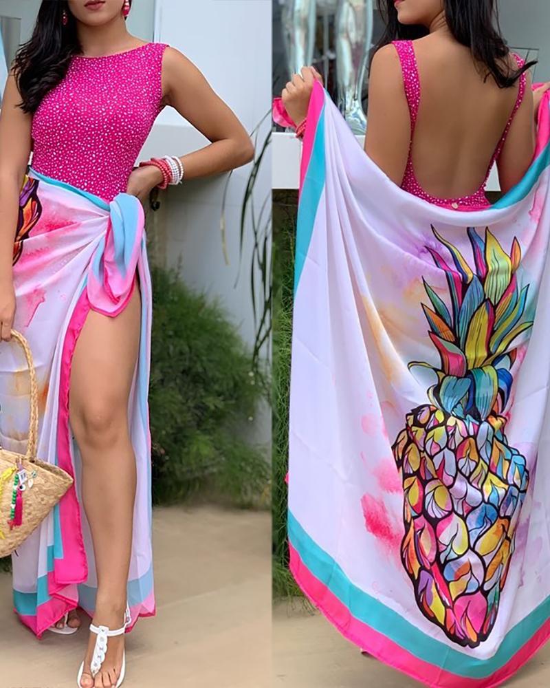 

Polkadot Print Backless One Piece Swimsuit With Pineapple Print Cover Up, Hot pink