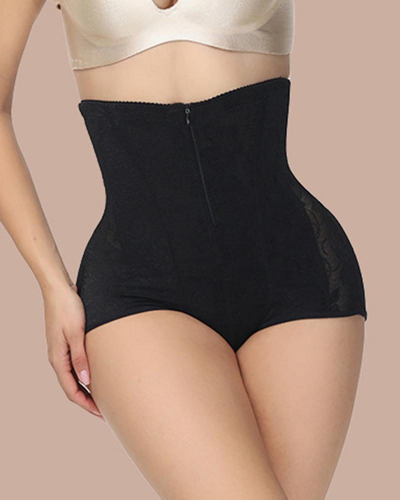 

Zip Front High Waist Butt Lifting Lace Patch Shapewear, Black