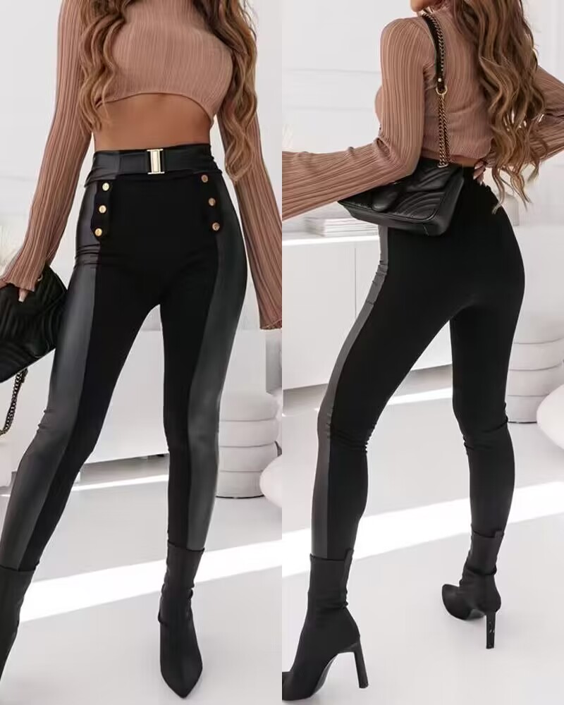 

PU Leather Buttoned High Waist Pants, Black