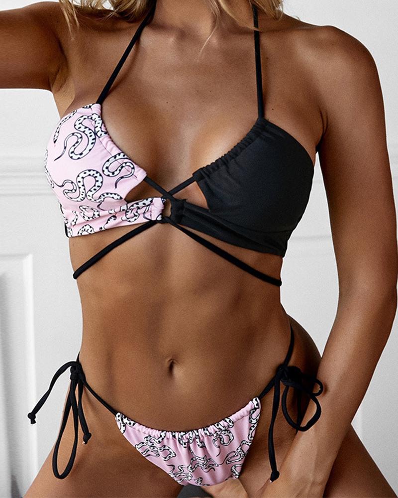 

Lace-up Color Block Snake Print Halter Sleeveless Bikini Sets, Black