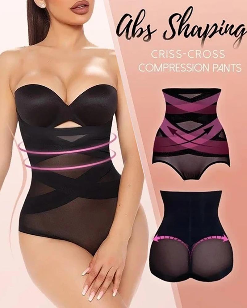 

Sheer Mesh Butt Lifting Tummy Control Cross Compression Abs Shaping Pants, Black