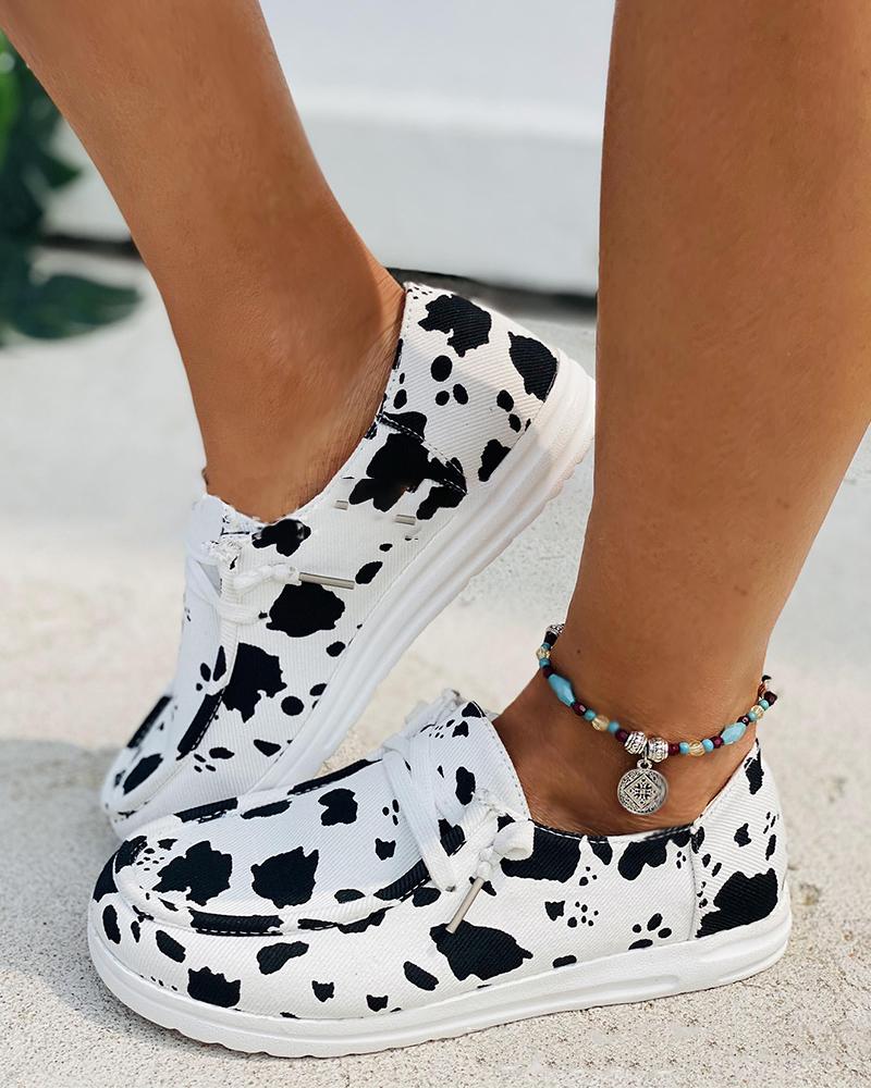 

Round-toe Cow Pattern Lace-up Slip-on, Black&white