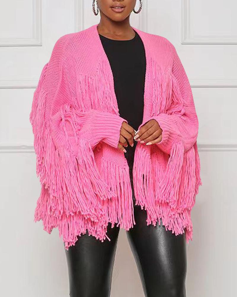 

Tassel Design Long Sleeve Knit Cardigan, Pink