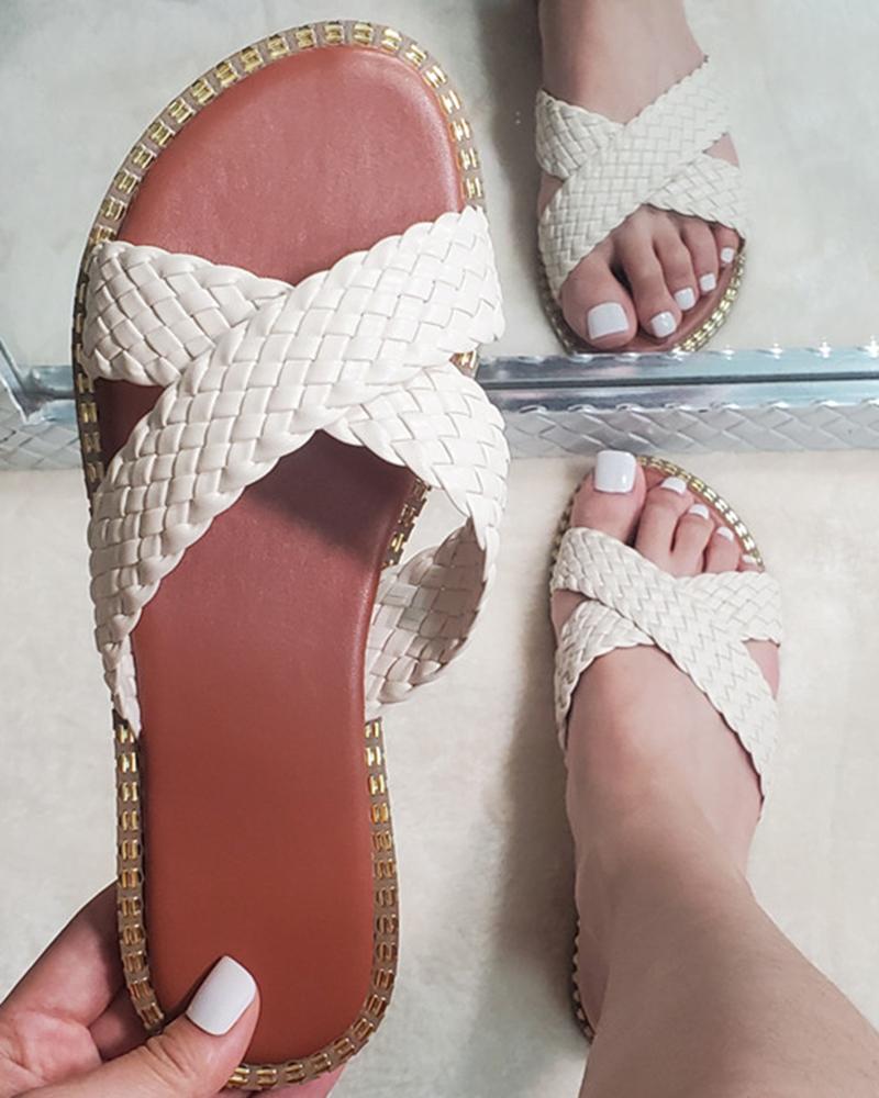 

Braided Cross Strap Slippers, Beige