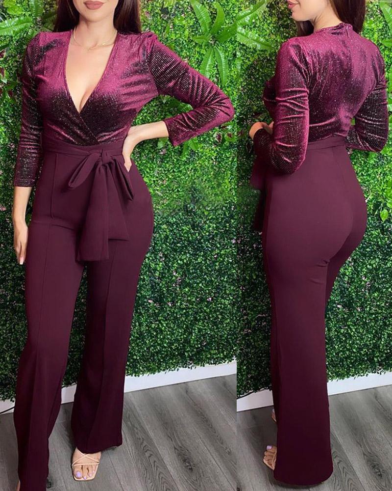 

Velvet Patch Long Sleeve Belted Jumpsuit, Wine red