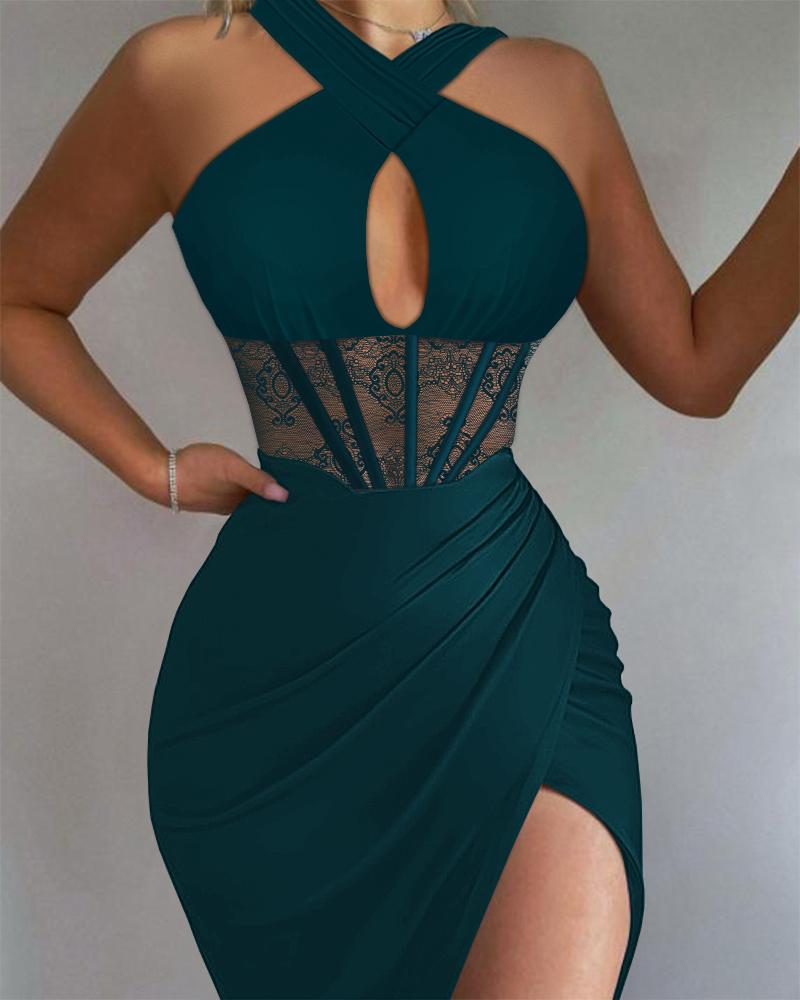 

Ruched High Slit Contrast Lace Corset Dress, Blue