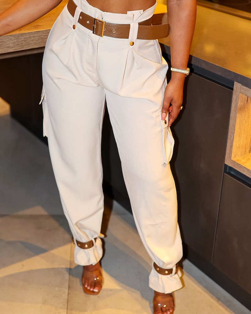 

Pocket Design High Waist Pants, Apricot