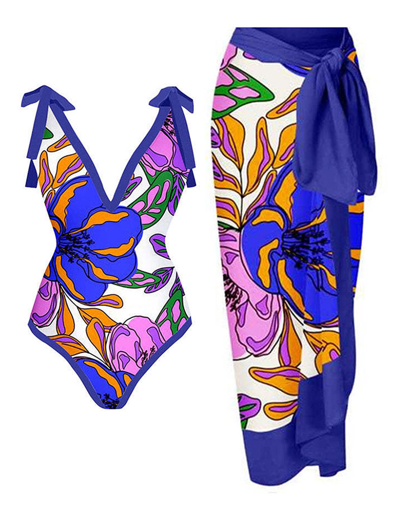 

Floral Print One Piece Swimsuit With Cover Up Skirt, Blue