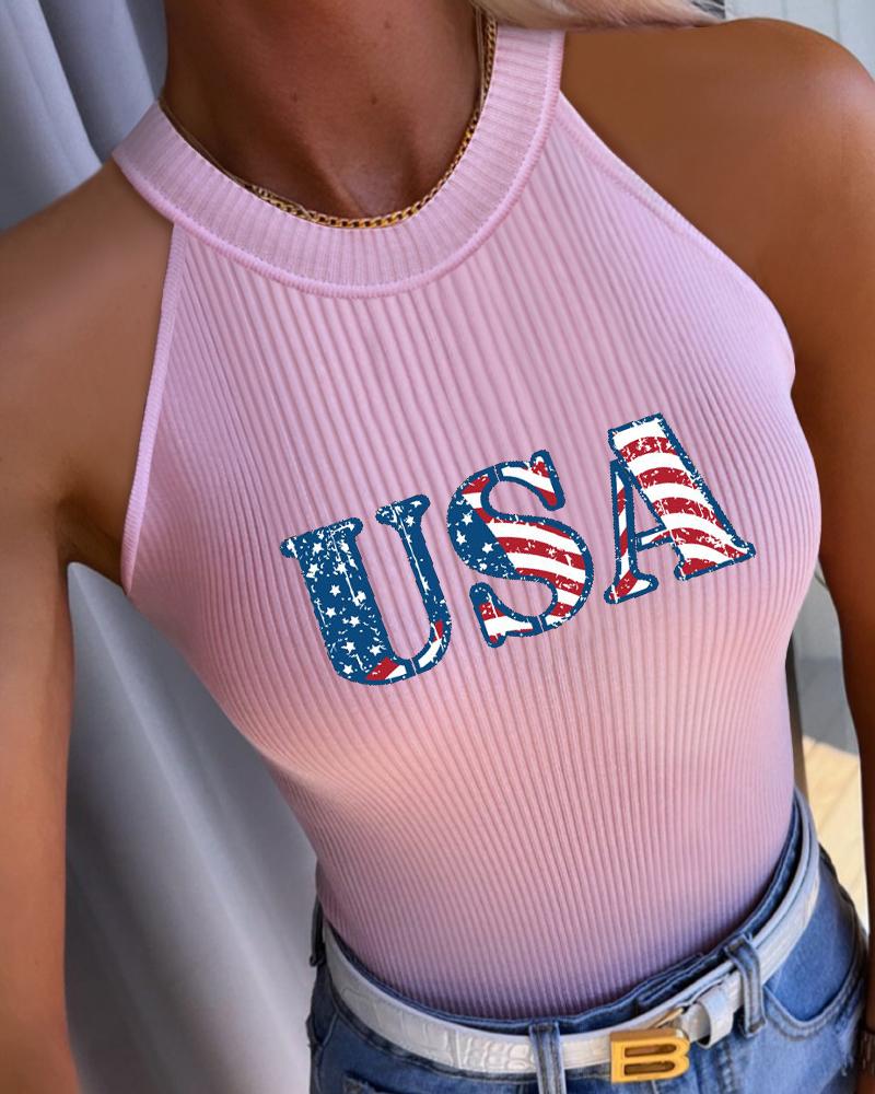 

Independence Day USA Flag Print O-Neck Tank Top, Pink