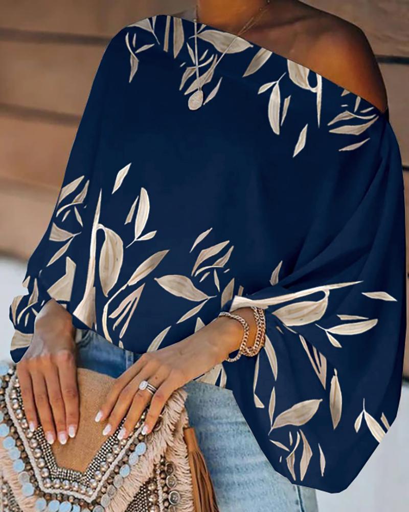 

Plants Print One Shoulder Lantern Sleeve Top, Purplish blue