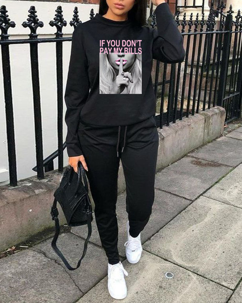 

Slogan Print Long Sleeve Top & Drawstring Pants Set, Black