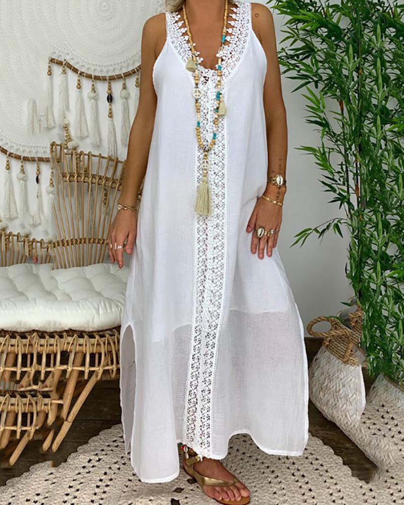 

Crochet Lace Trim Slit Casual Dress, White