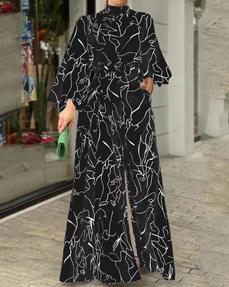 

Abstract Figure Print Long Sleeve Wide Leg Jumpsuit, Black