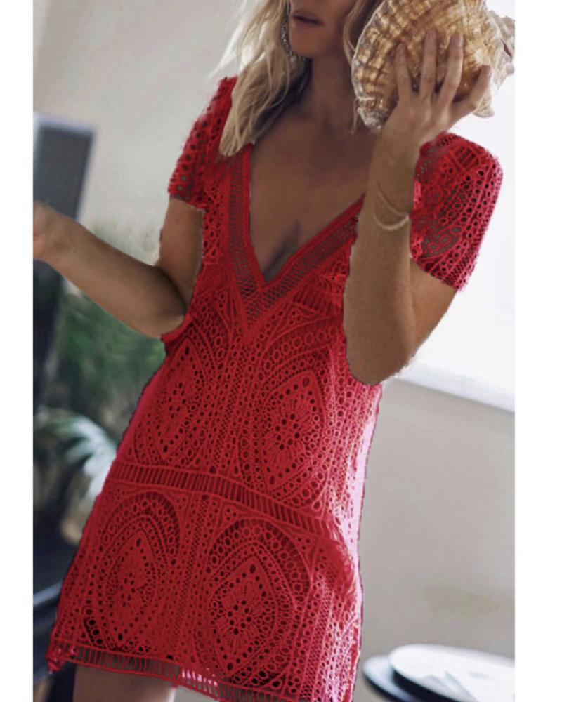 

V Neck Lace Shift Dress, Red