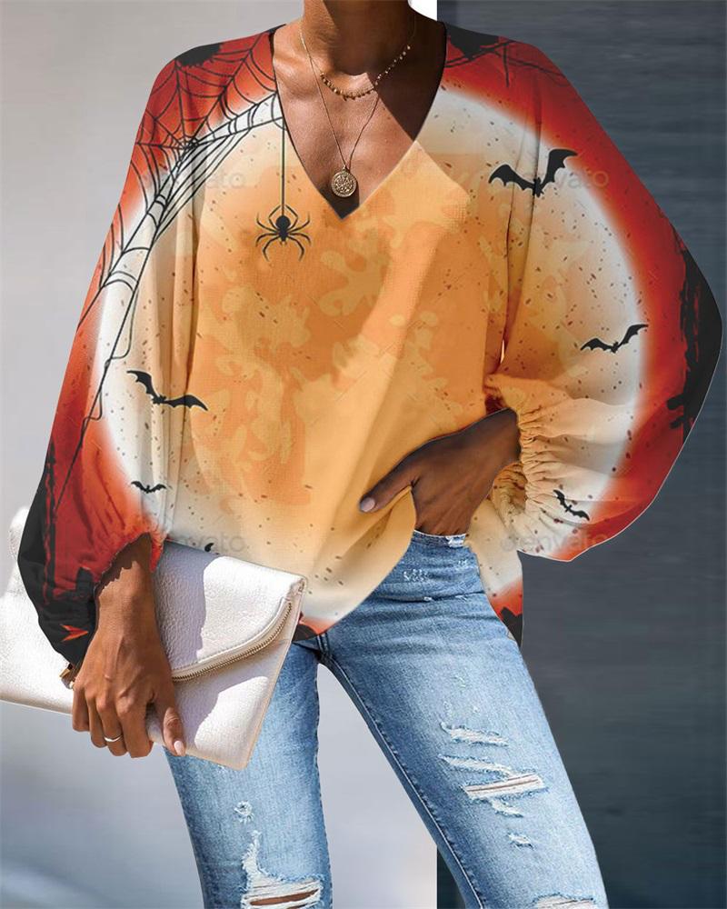 

Halloween Spider Bat Print Lantern Sleeve Top, Orange