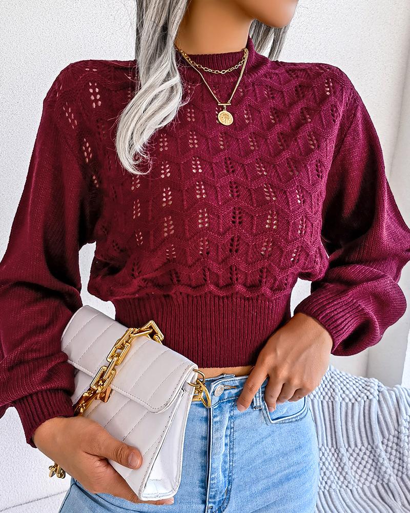 

Hollow Out Lantern Sleeve Knit Crop Sweater, Wine red