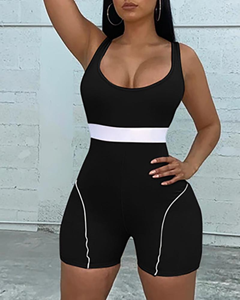 

Striped Colorblock Thick Strap Sporty Romper, Black