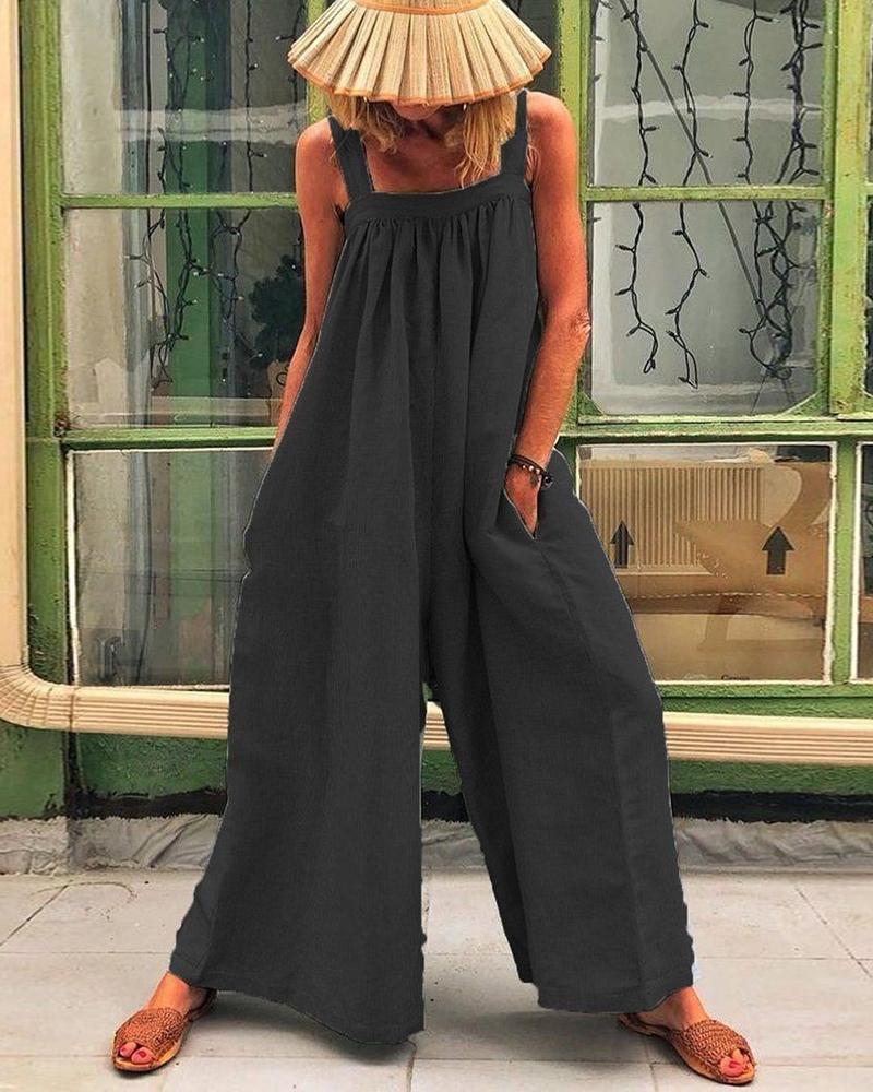

Ruched Pocket Decor Casual Wide Leg Jumpsuit, Black