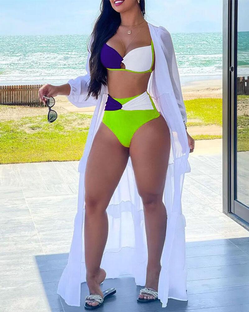 

Colorblock Twist Cutout High Waist Bikini Set, Green