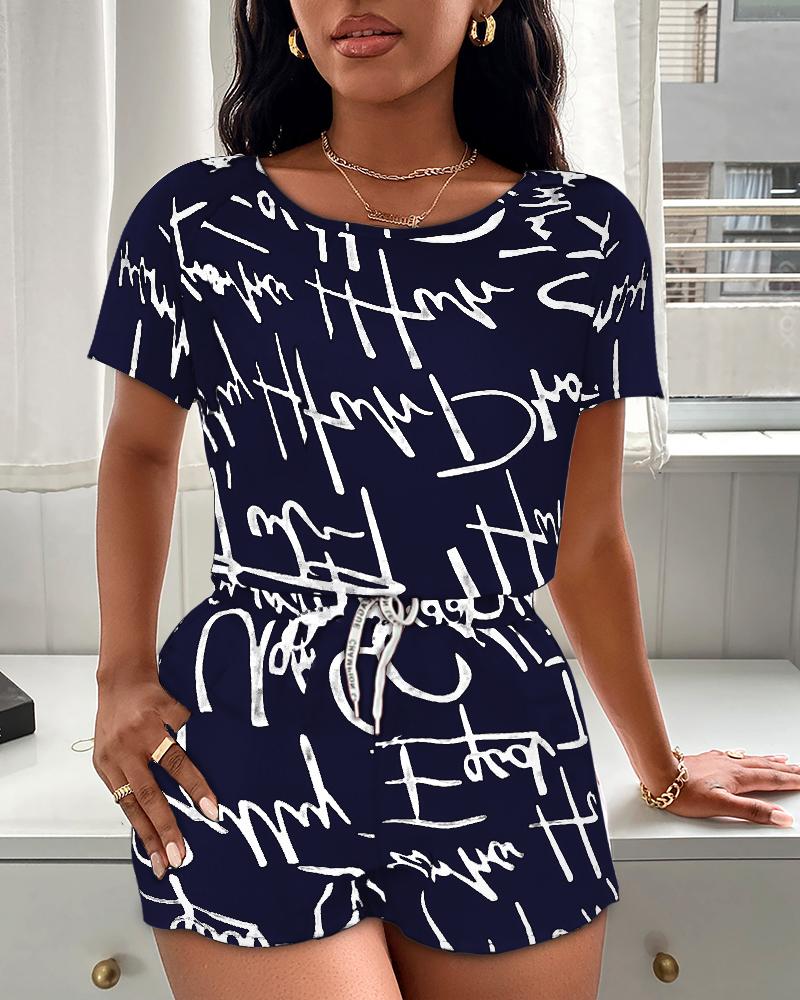 

Letter Print Short Sleeve Loose T-shirts With Drawstring Shorts Suit Sets, Dark blue