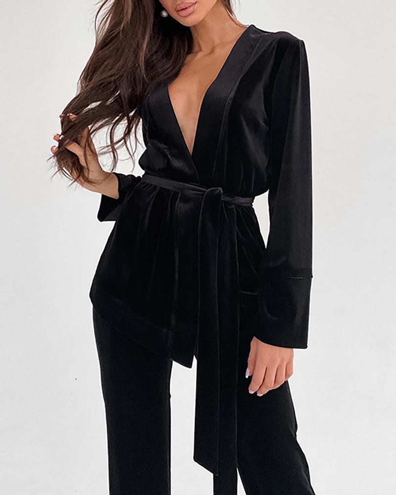 

Velvet Long Sleeve High Waist Pajamas Set With Belt, Black