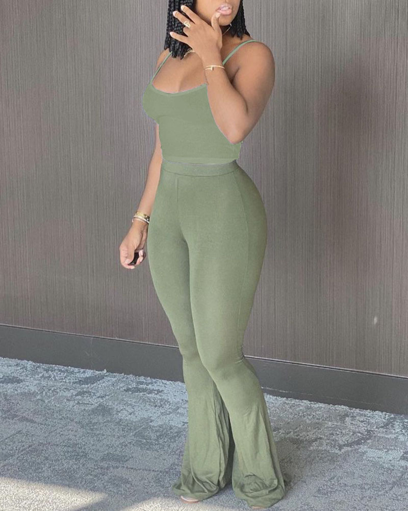 

Spaghetti Strap Crop Top & High Waist Bell Pants Sets, Green